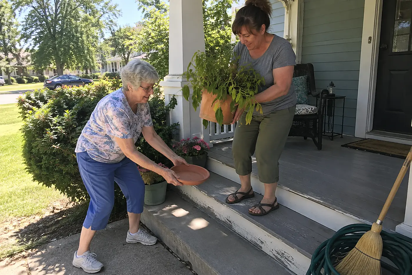 Woman moving a drooping potted plant out of direct sun on a porch.