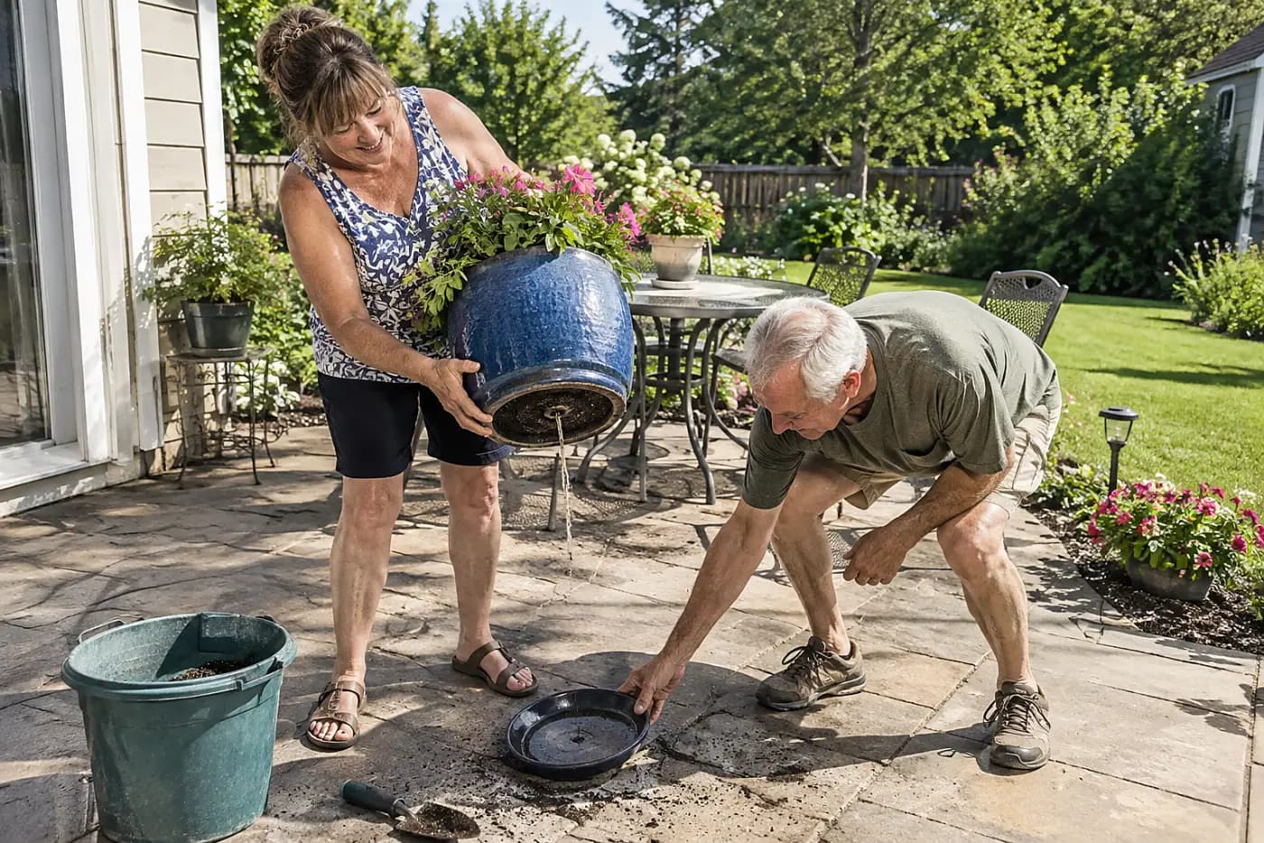 Woman checking the wick beneath a self-watering planter on a patio.