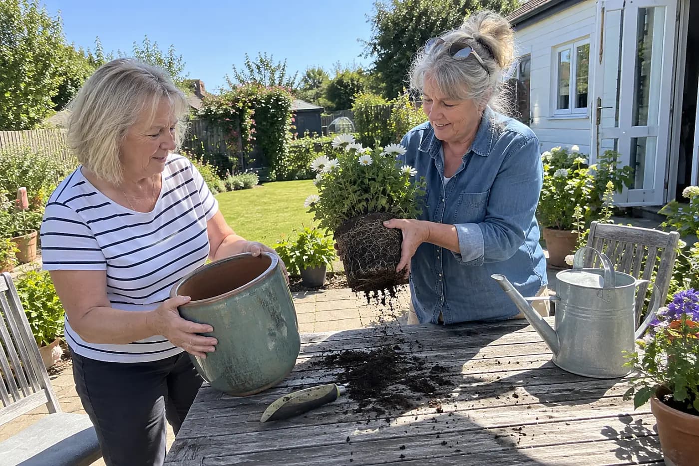 Woman comparing a crowded root ball with a larger pot at an outdoor table.