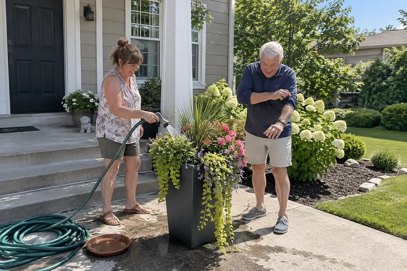 Woman watering the center of a tall planter beside her front steps.