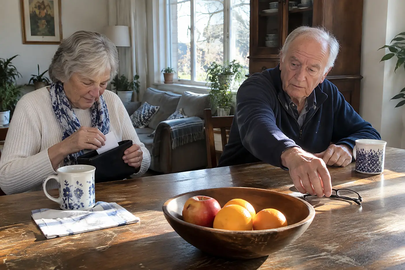 Older woman sliding an emergency card into her wallet at her dining table.