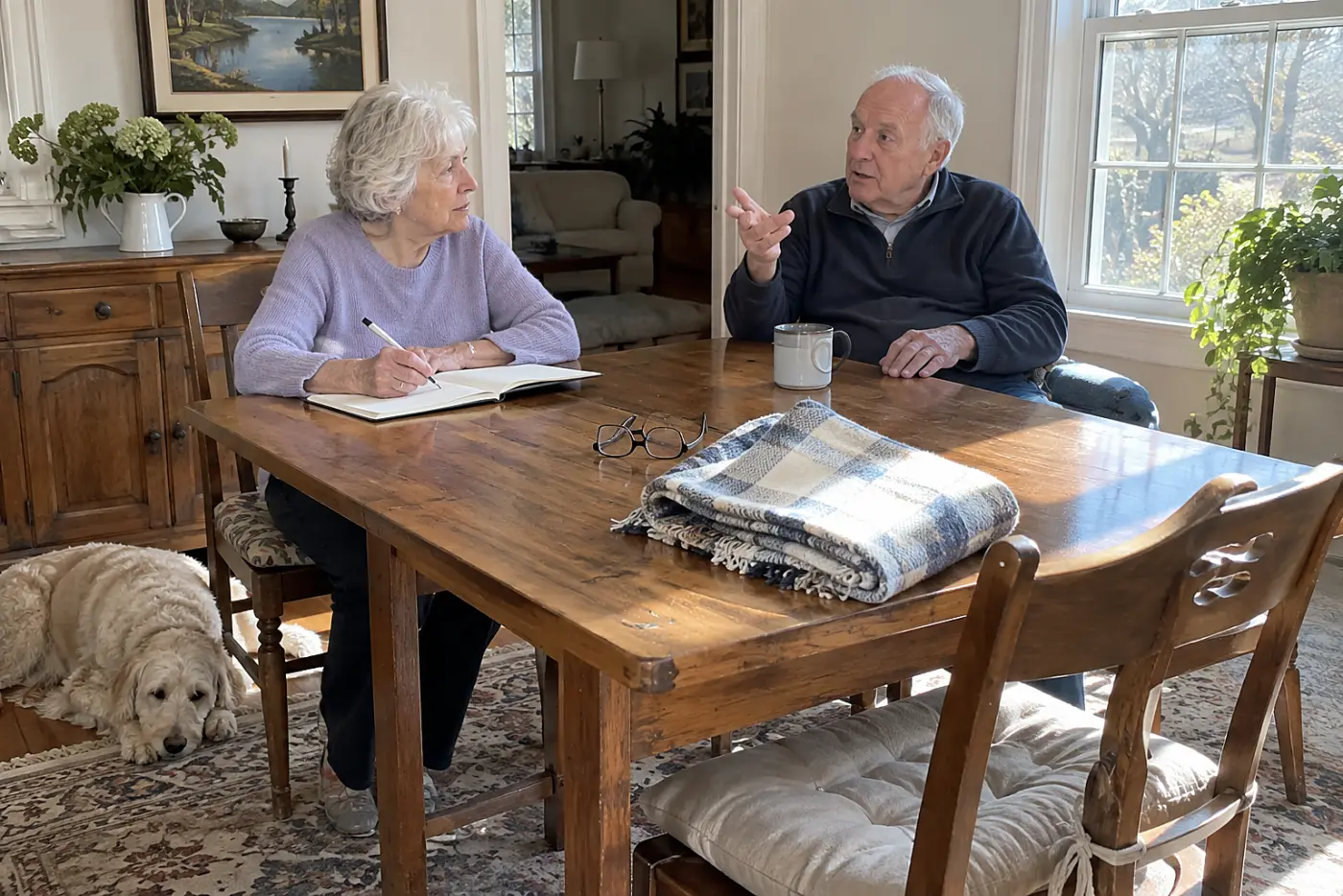 Older woman writing relatives’ medical conditions in a notebook at home.