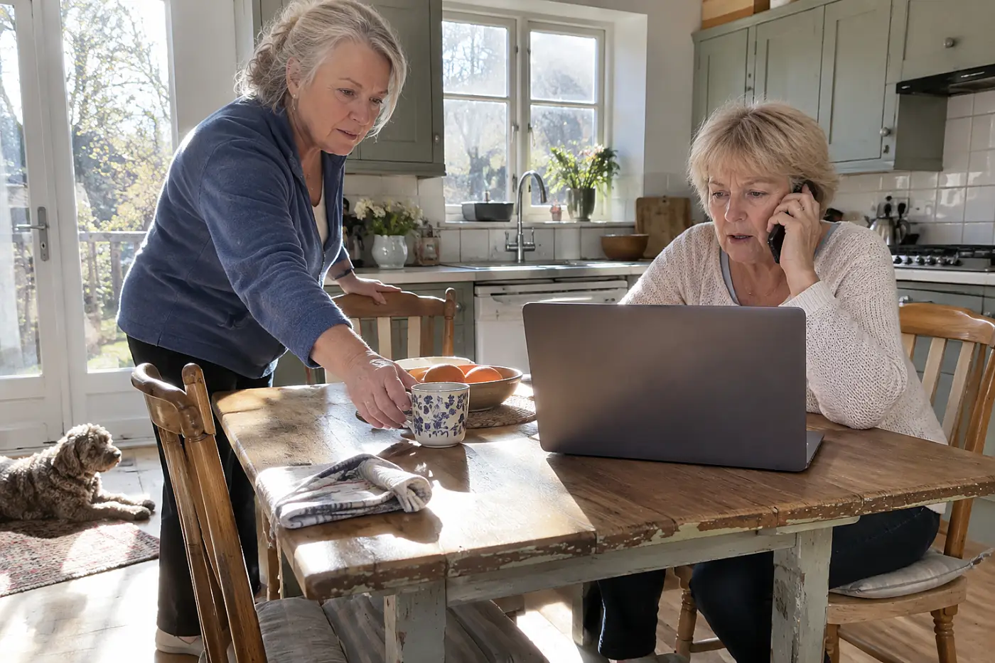 Older woman calling a clinic while viewing a test result on her laptop.