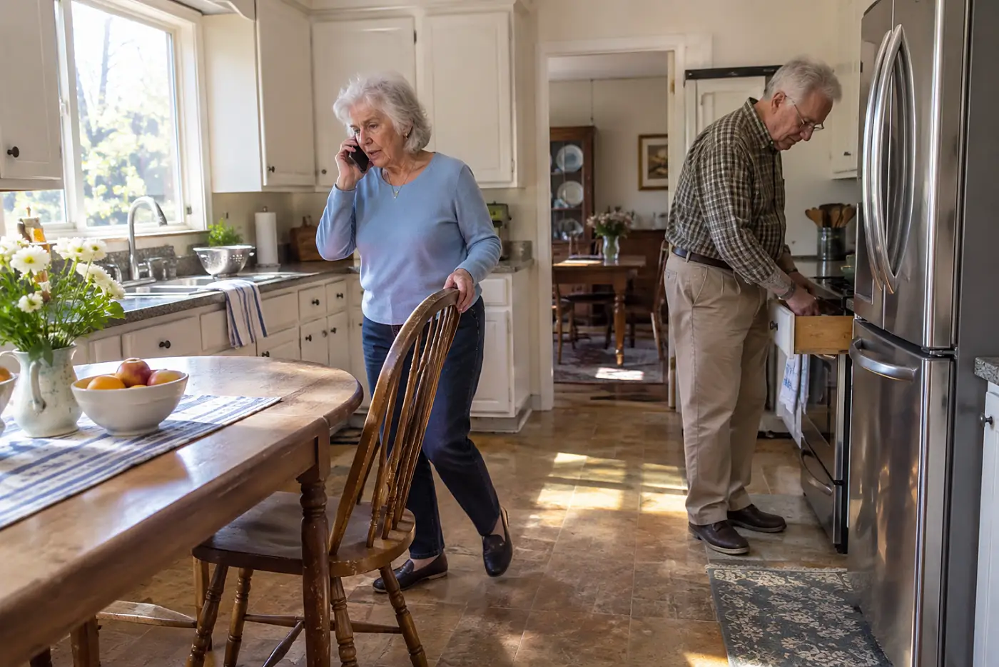 Older woman scheduling a doctor’s appointment by phone in her kitchen.