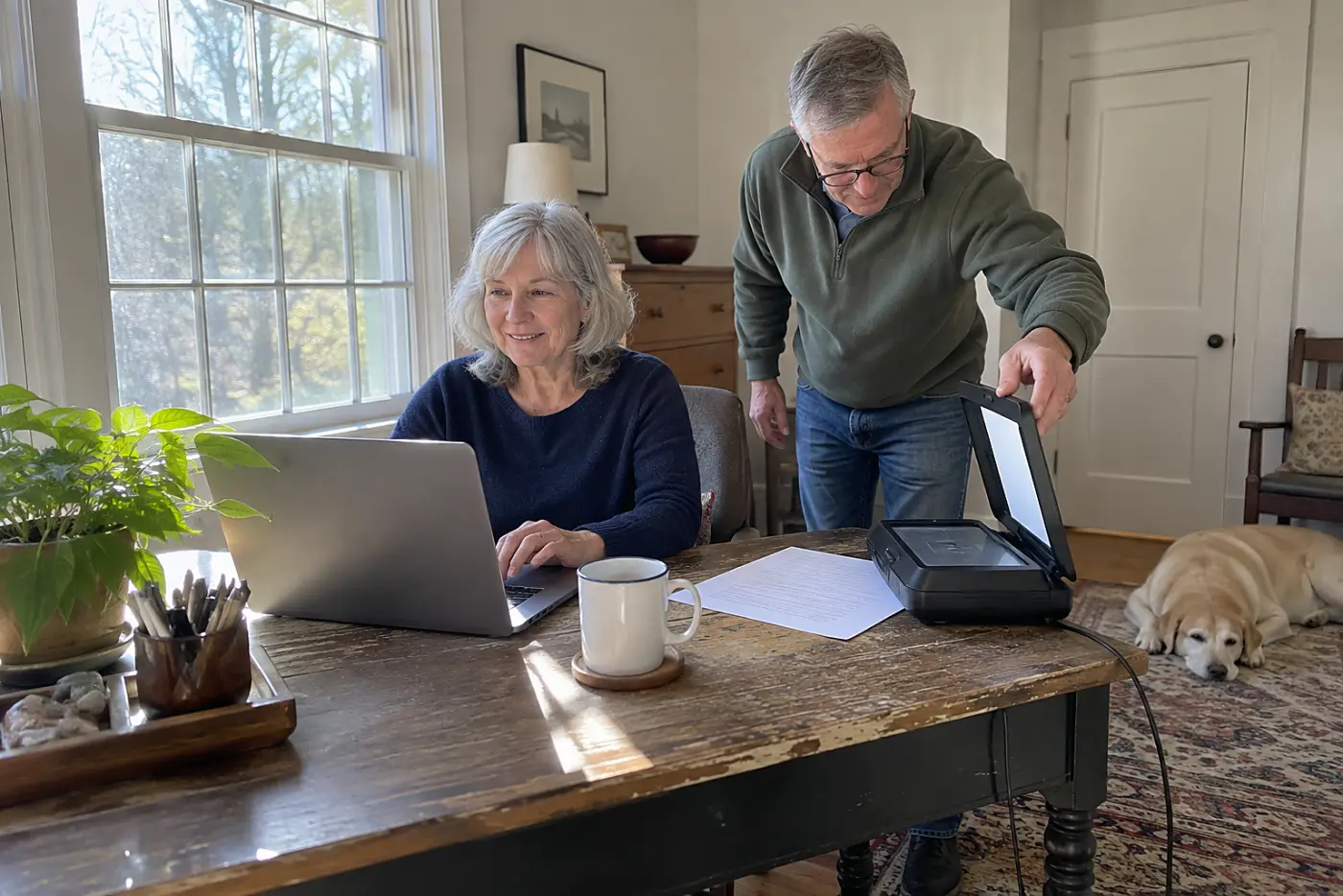 Older woman emailing a scanned document from her home desk.