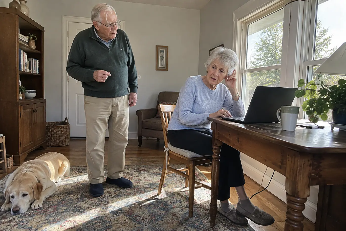 Older woman checking contact details on a clinic portal at her desk.