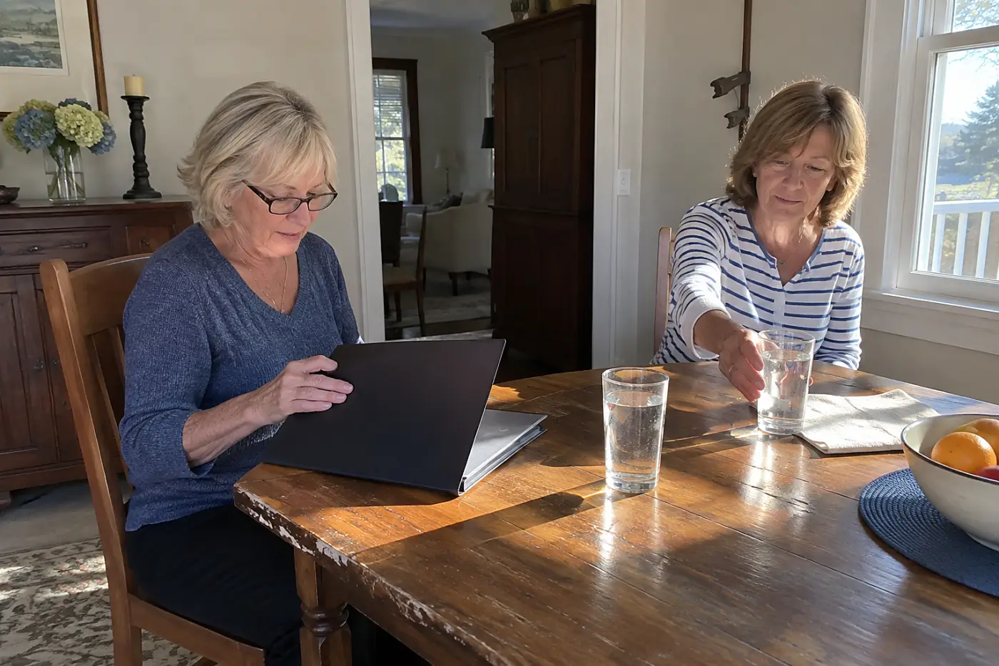 Older woman reviewing a plan document at her dining table.