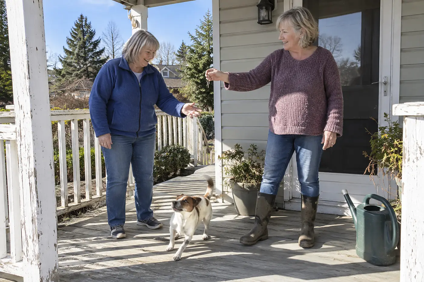 Older woman handing a spare house key to a neighbor on her porch.
