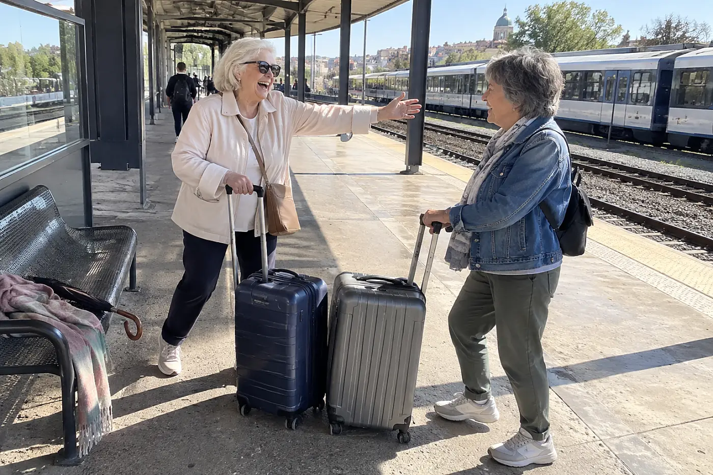 Older woman greeting a friend at a train station.