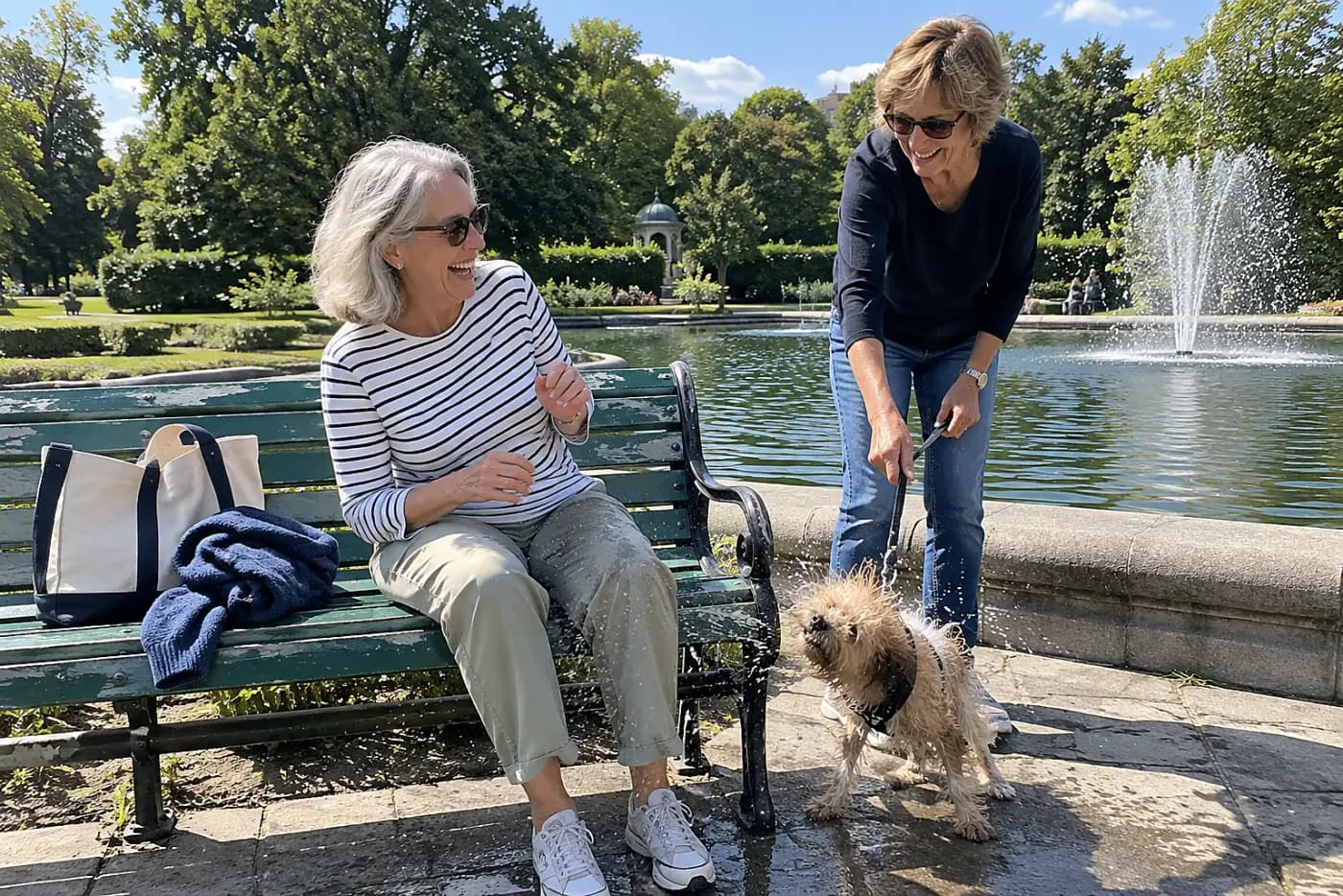 Older woman sitting on a park bench beside a fountain.