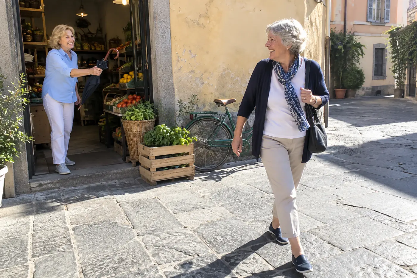 Older woman walking past a corner grocery store near her hotel.