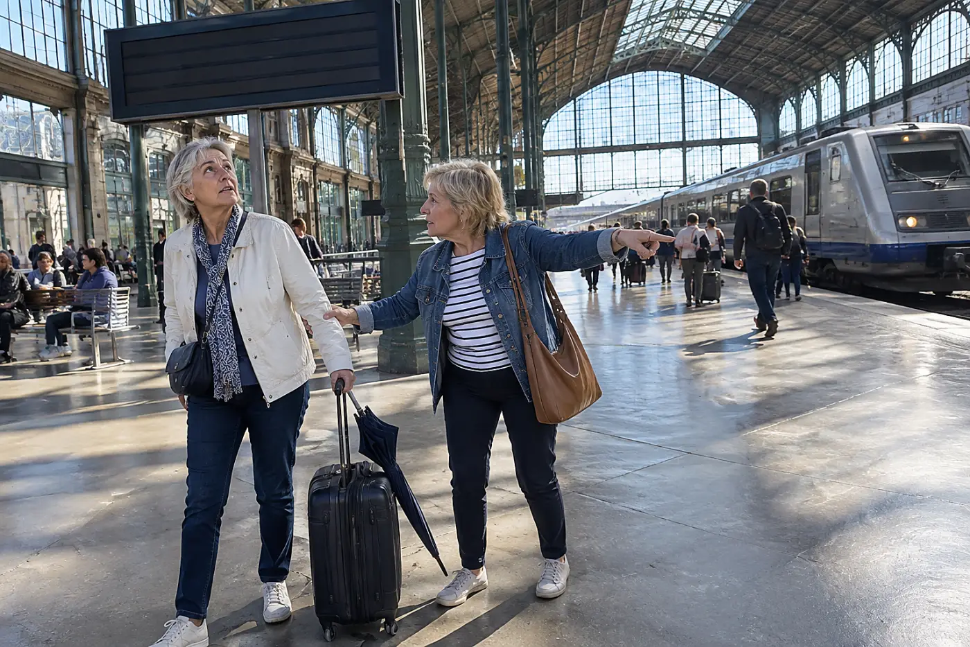 Older woman reading a departure board in a train station.