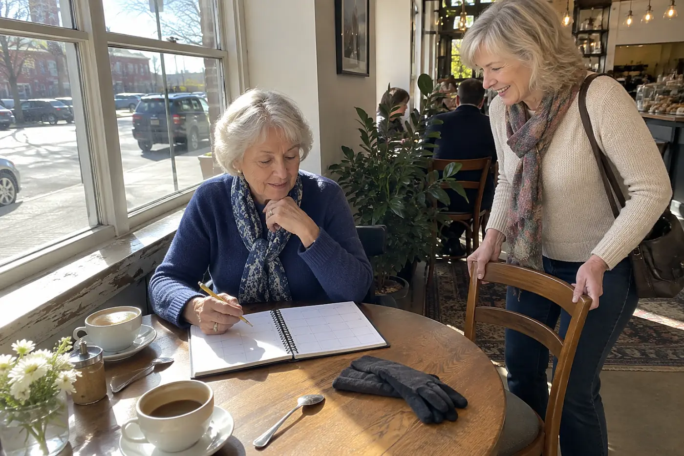 Older woman looking at an open calendar beside a café window.