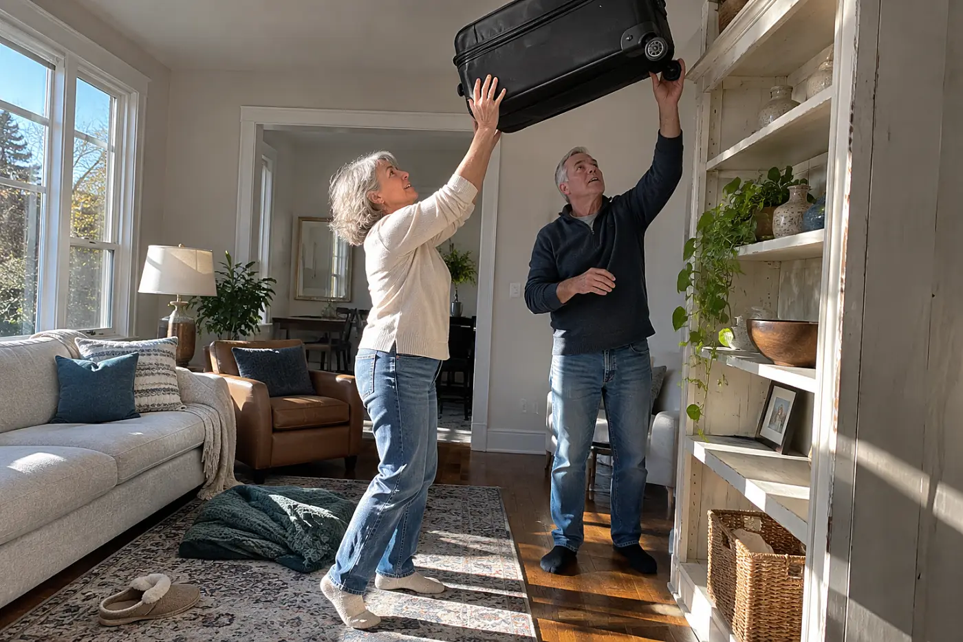 Older woman lifting a packed suitcase onto a shelf at home.