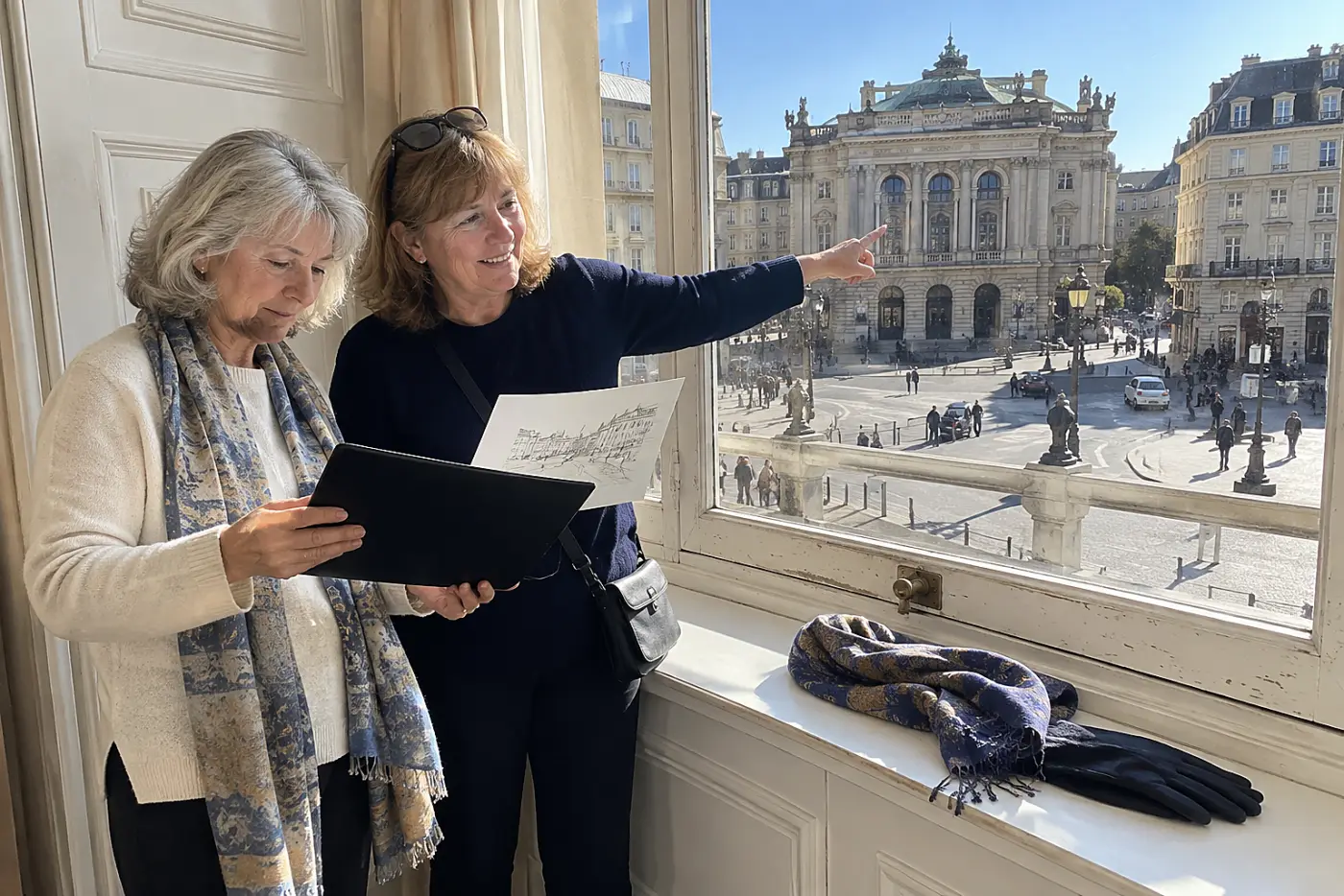 Older woman looking at an opera program beside a travel map.