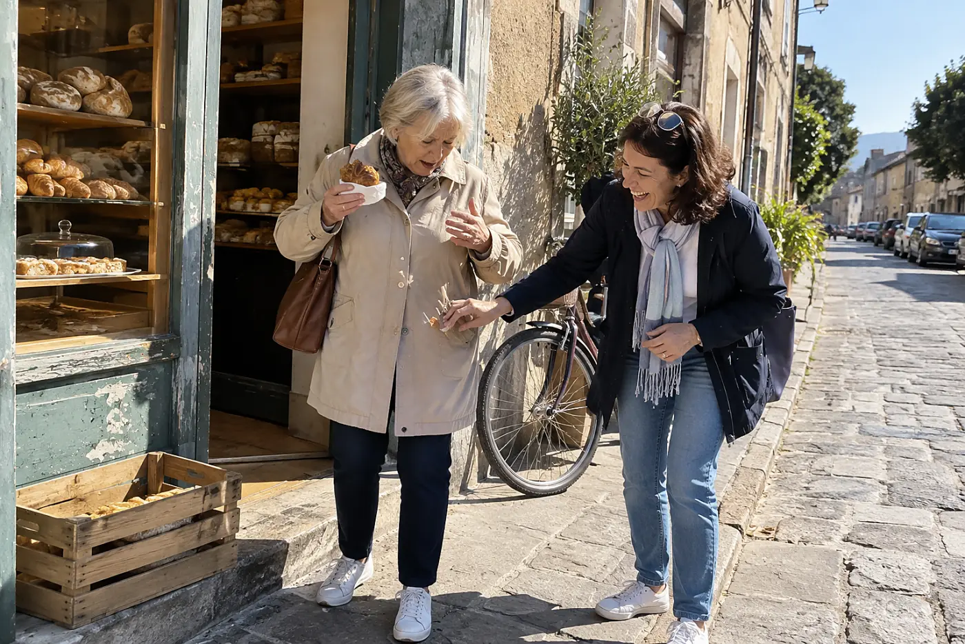 Older woman carrying a pastry from a neighborhood bakery.