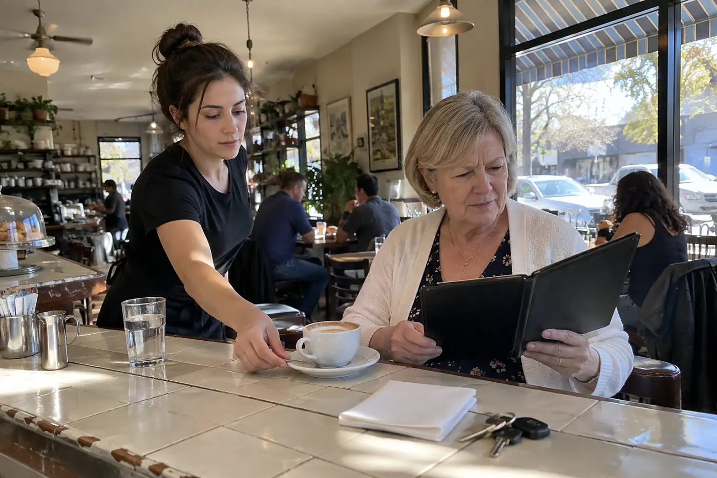 Older woman reading a menu at a restaurant counter.