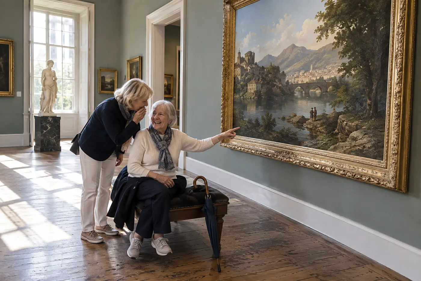 Older woman sitting before a painting in a museum gallery.
