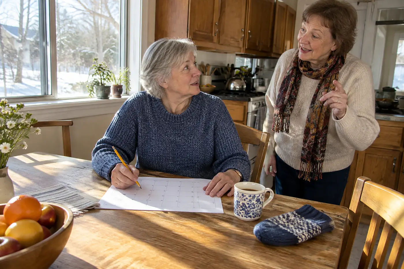 Older woman marking travel dates on a calendar at her kitchen table.