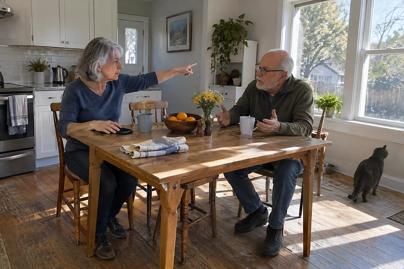 Older woman testing a phone map at her kitchen table.