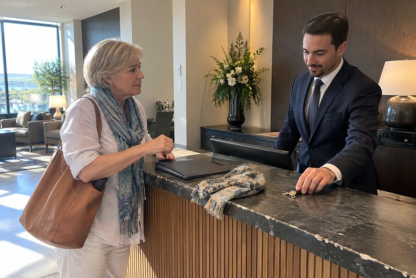Older woman checking museum opening hours at a hotel desk.