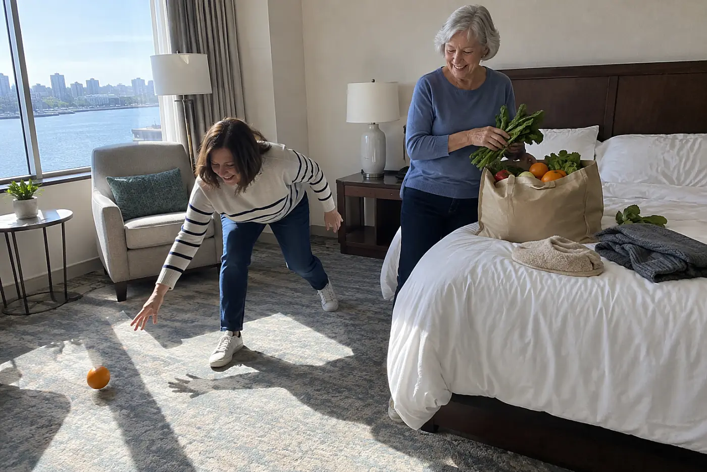 Older woman unpacking groceries in a hotel room.