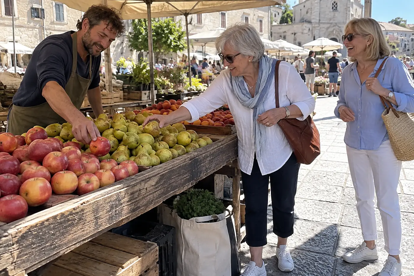 Older woman choosing fruit at an outdoor market stall.
