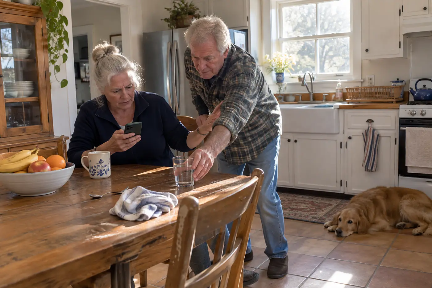 Older woman typing a symptom note into her phone at a kitchen table.