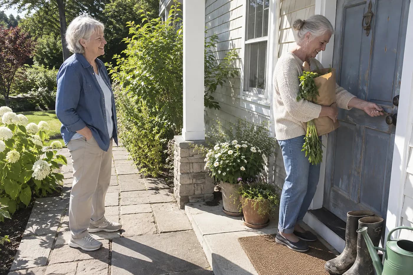 Older woman unlocking her front door while holding a grocery bag.