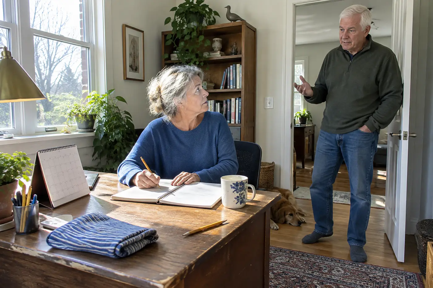 Older woman writing bowel-movement dates in a notebook at her desk.