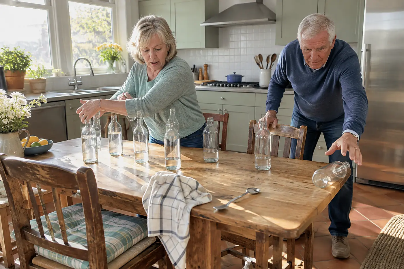 Older woman arranging pill bottles and supplements on a kitchen table.