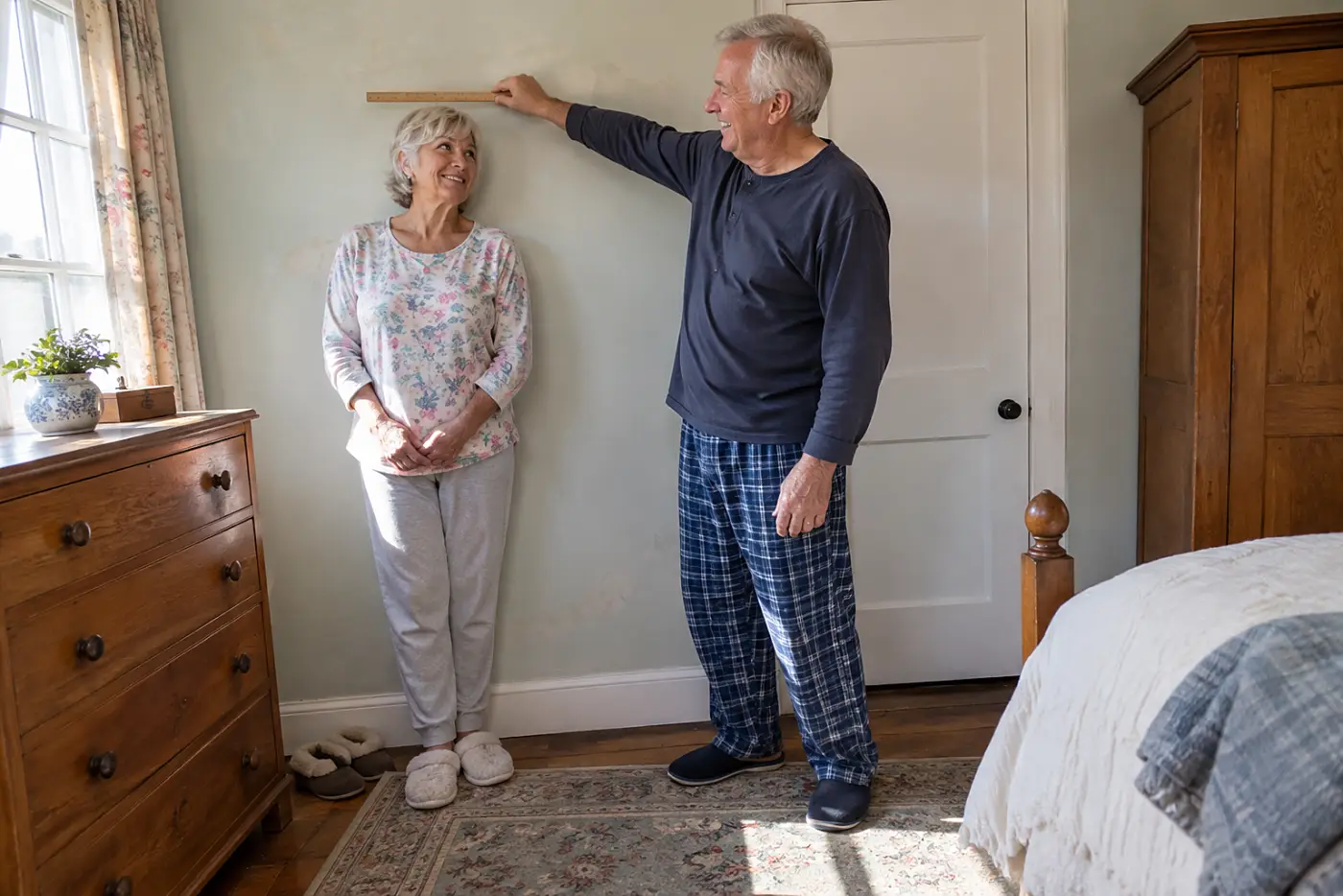 Older woman checking her height against a wall in her bedroom.