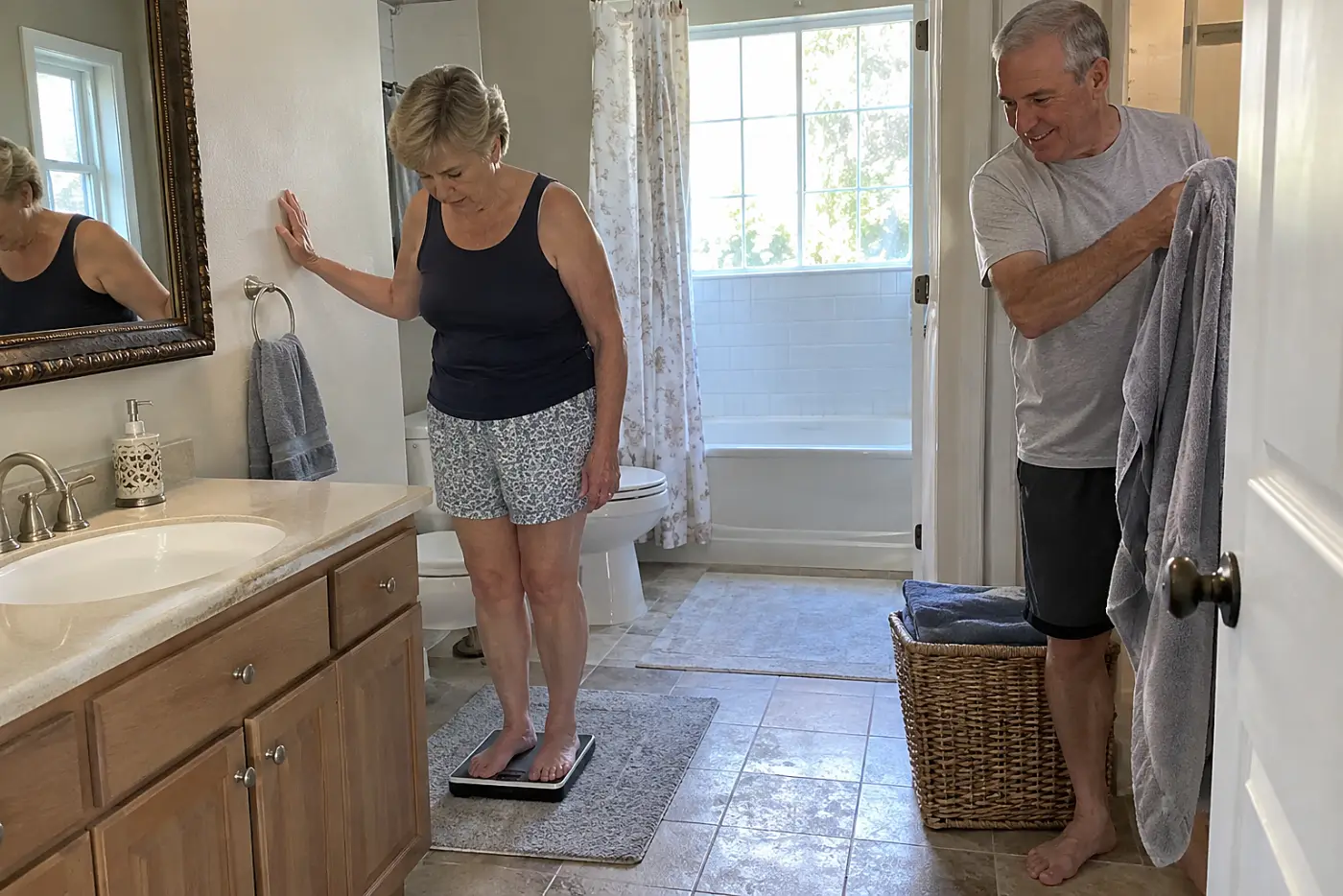 Older woman checking her weight on a bathroom scale.
