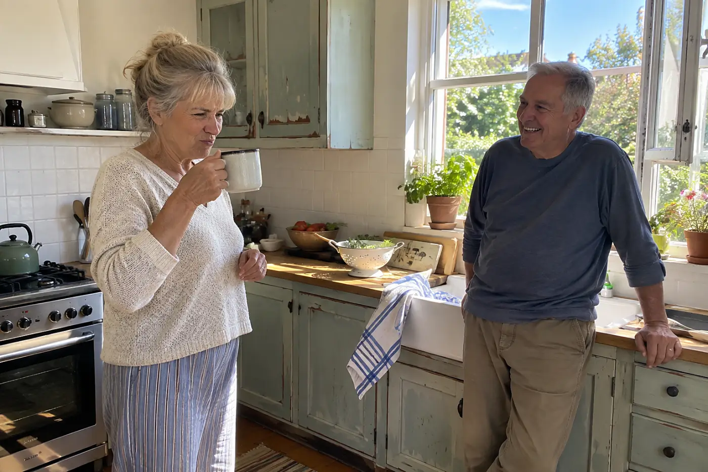 Older woman smelling a mug of coffee in her kitchen.