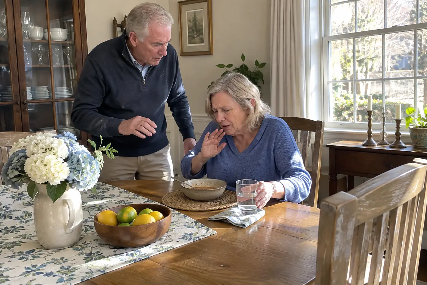 Older woman setting down a glass of water after coughing at a dining table.
