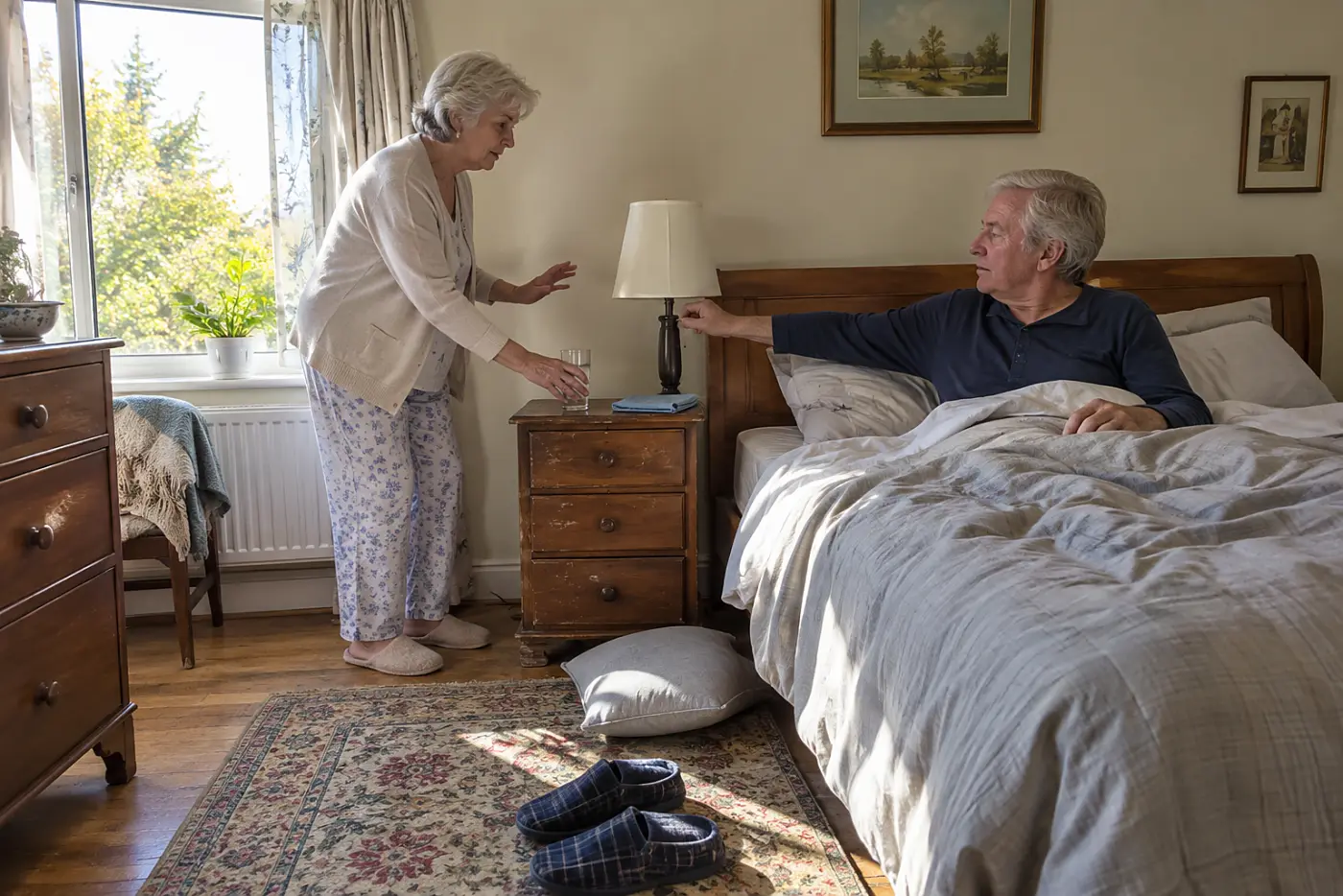 Older woman placing a glass of water beside her bed before turning out the light.
