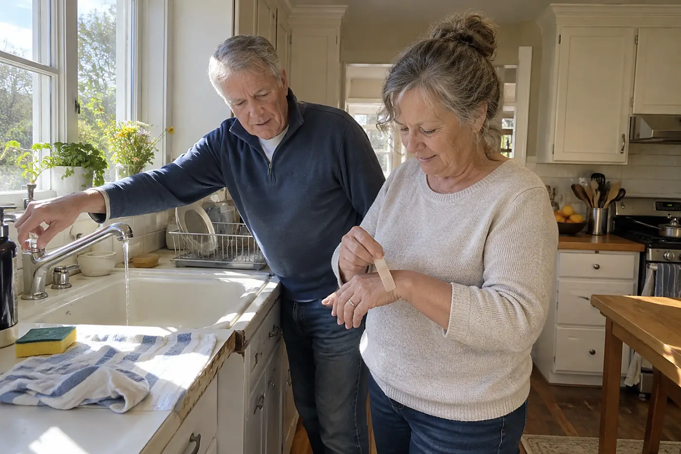 Older woman covering a small cut on her hand with a clean bandage at a sink.