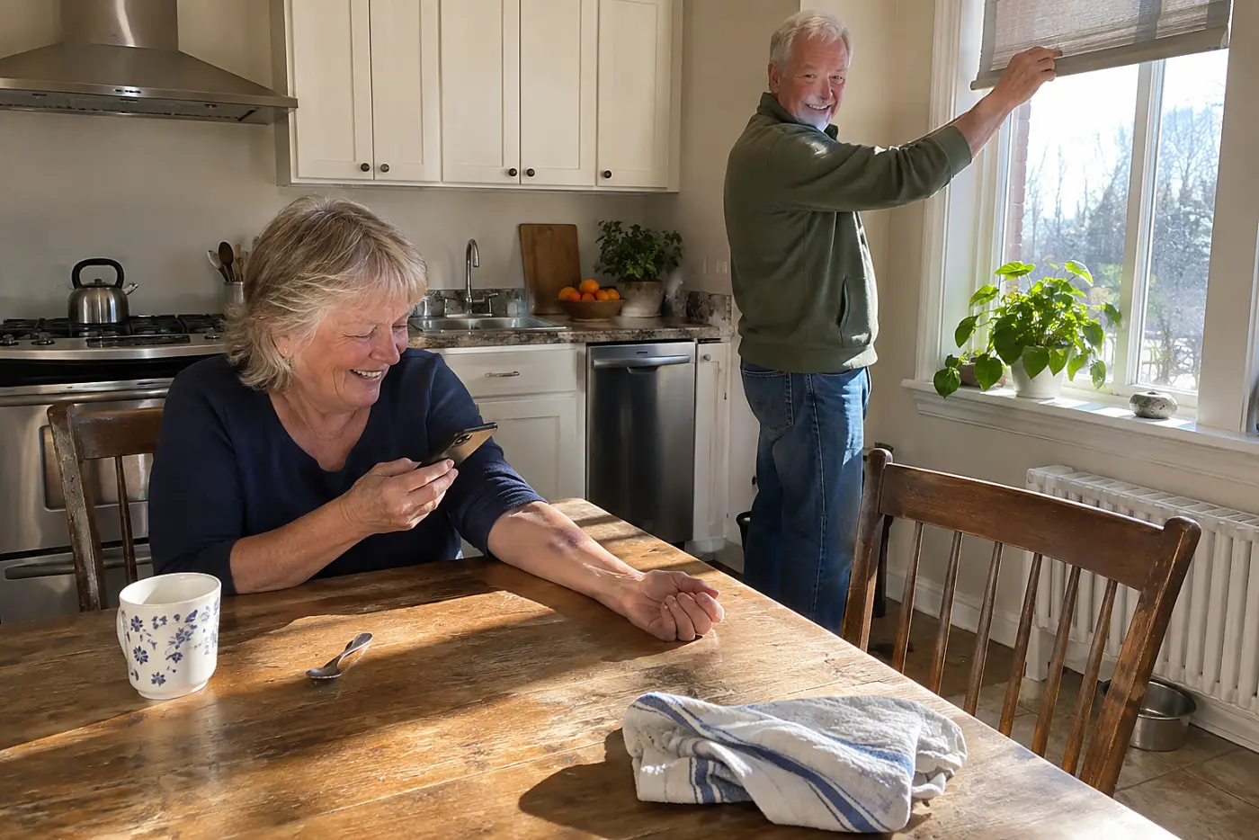 Older woman photographing a bruise on her forearm at a kitchen table.