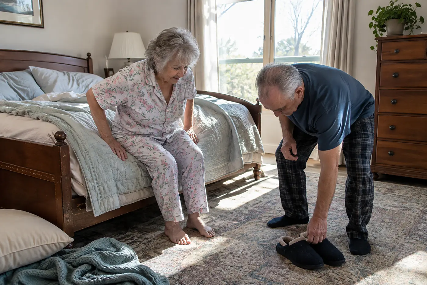 Older woman sitting on the edge of her bed before standing.