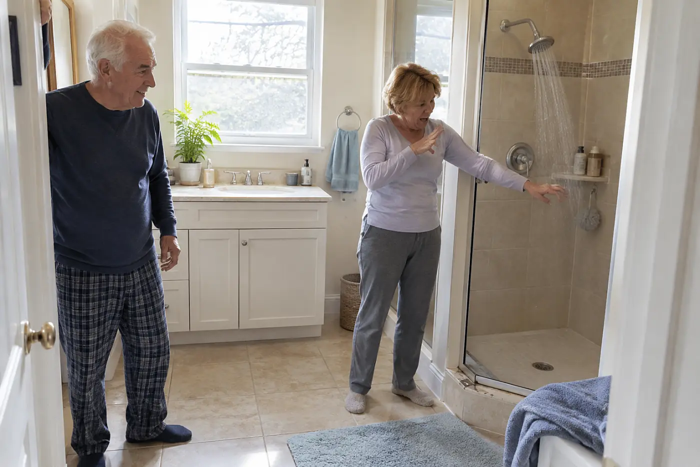 Older woman testing shower water with her hand before stepping inside.