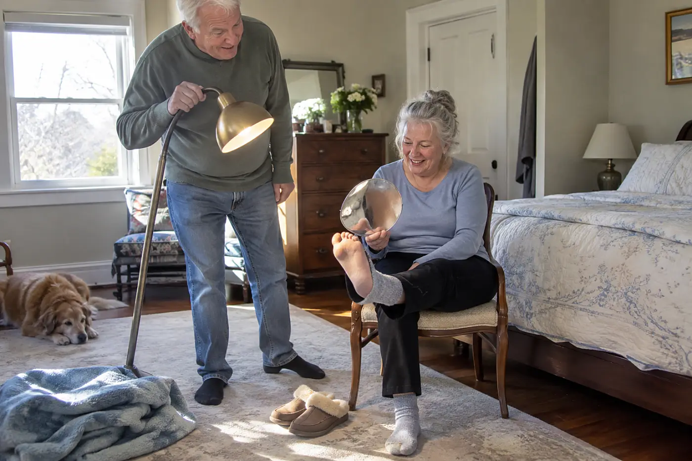 Older woman using a hand mirror to inspect the sole of her foot in a bedroom.