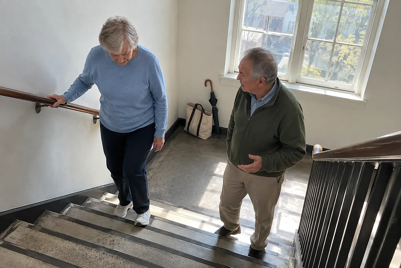 Older woman holding a stair rail while looking down at her shoes.