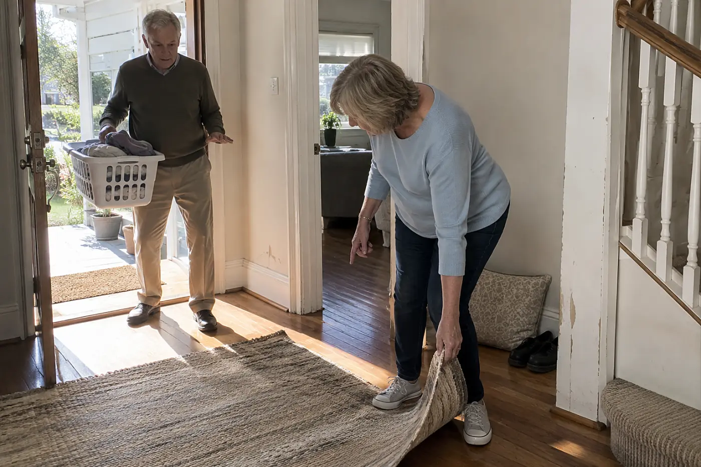 Older woman lifting the curled edge of a rug in her hallway.
