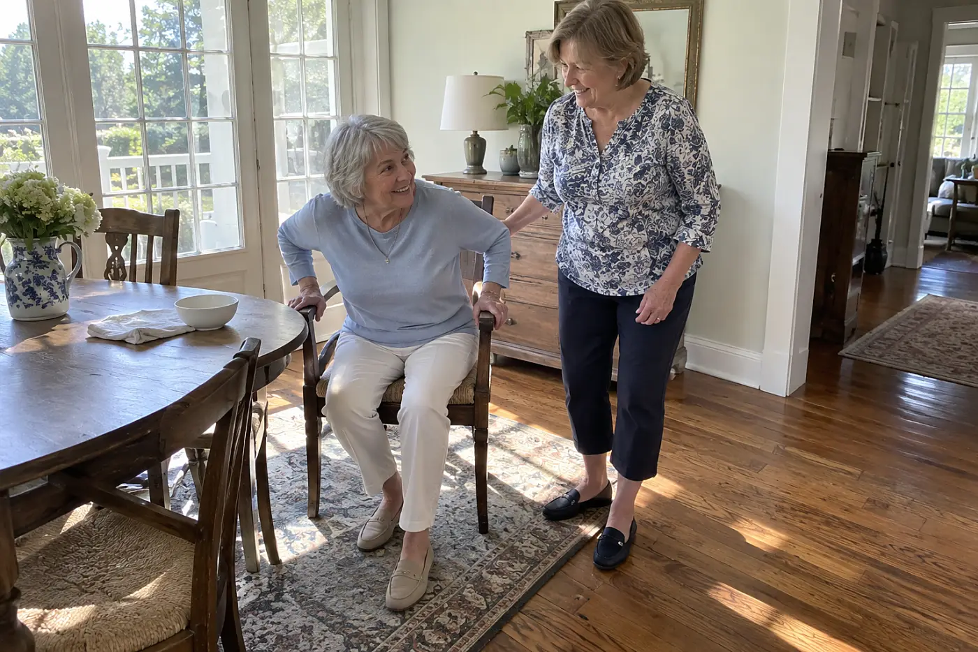 Older woman rising from a firm dining chair with her hands on the armrests.