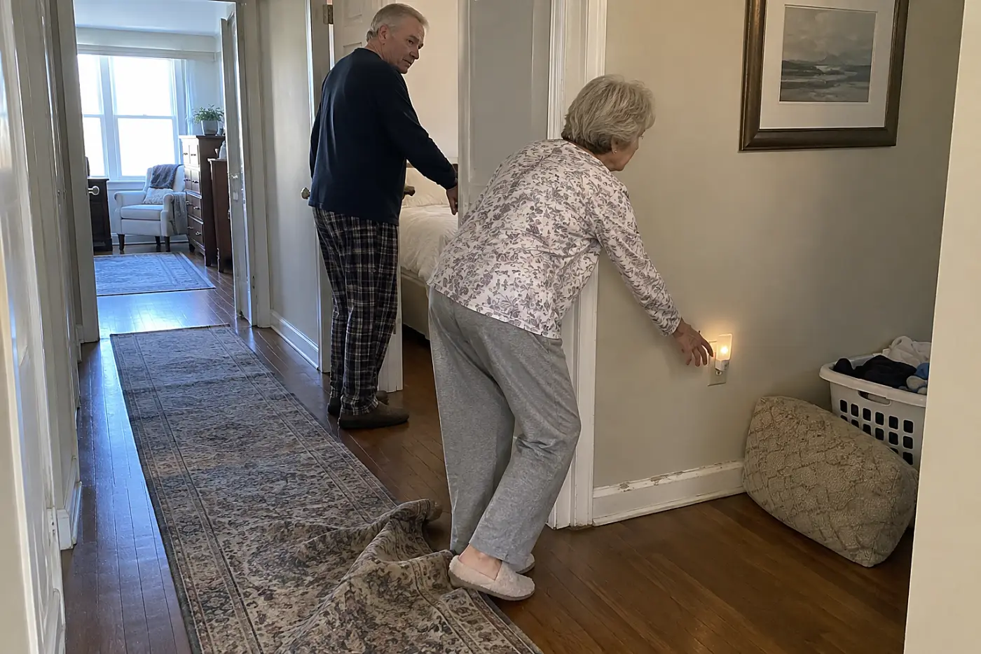 Older woman switching on a hallway night-light outside her bedroom.
