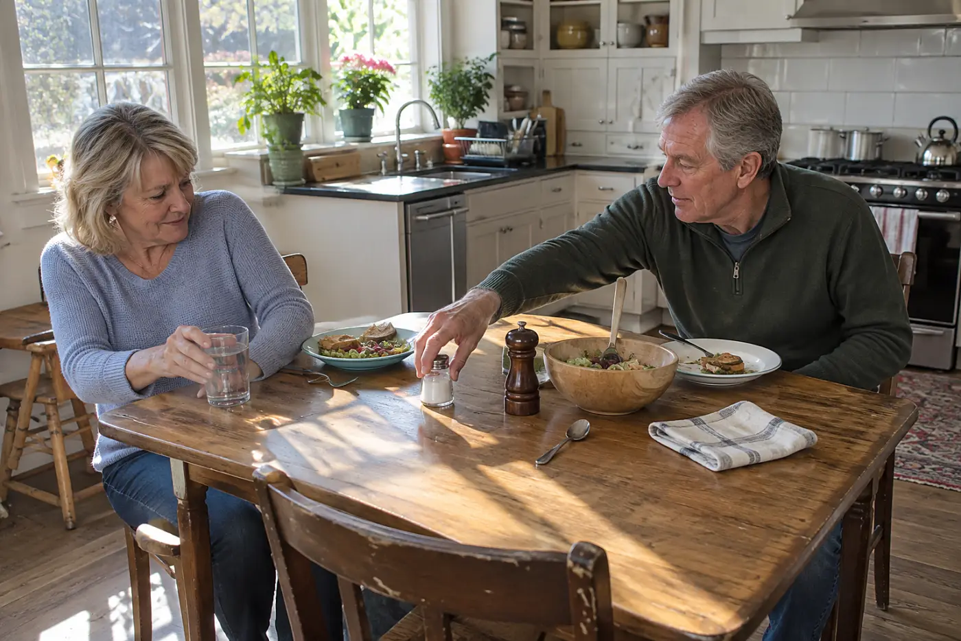 Older woman placing a glass of water beside her lunch at a kitchen table.