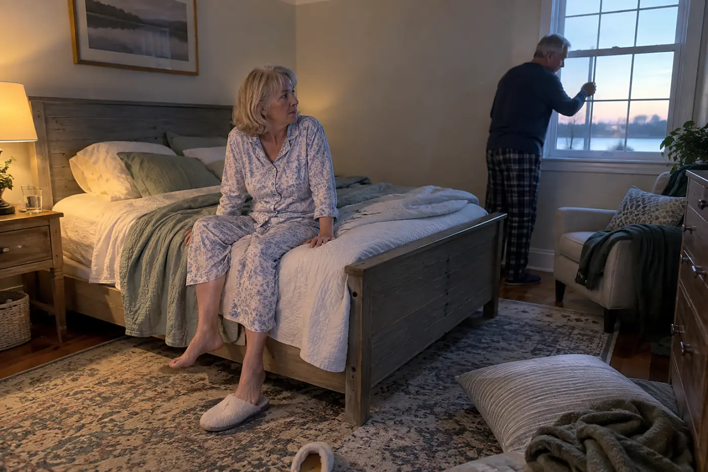 Older woman sitting awake on the edge of her bed before sunrise.