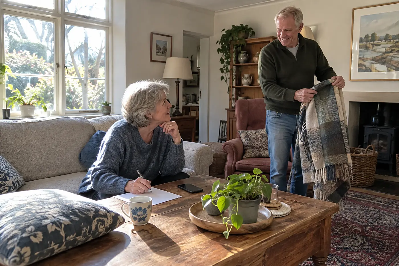 Older woman writing down a forgotten name after a phone call at home.