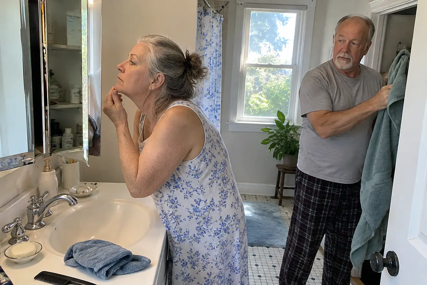 Older woman checking a chin hair in a bathroom mirror.
