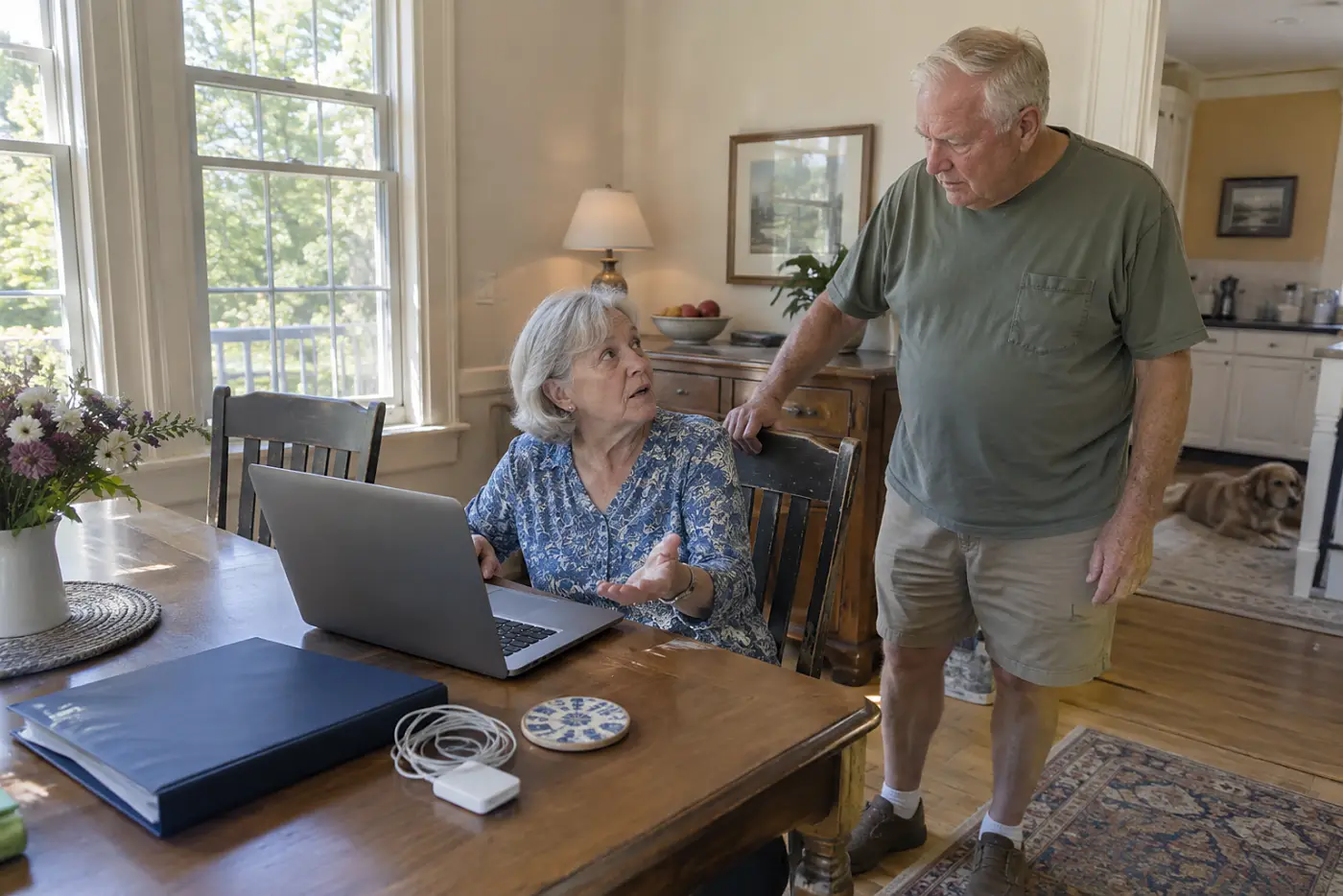 Older woman opening an exported scan on her laptop beside a folder of papers.